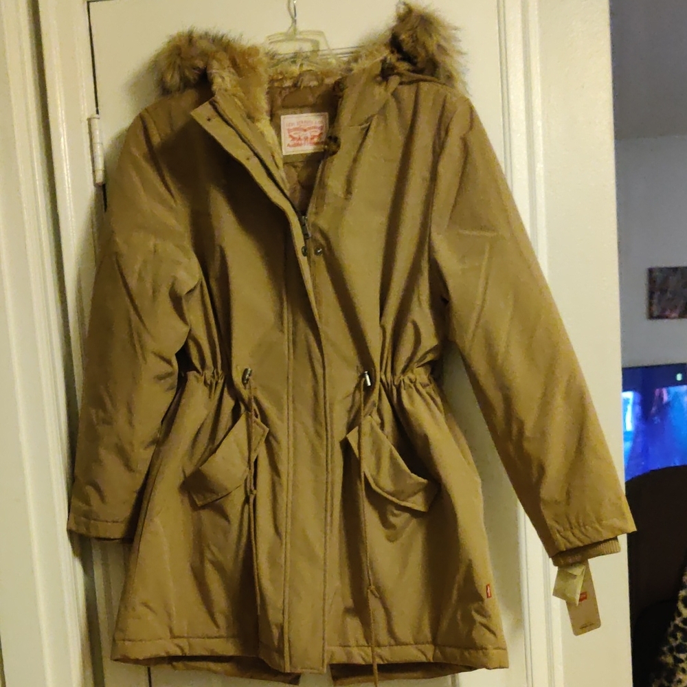 Women's Levis Tan Parka Coat with Faux Fur Hood